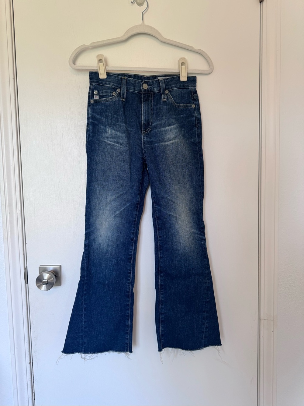 AG Adriano Goldschmied Dark Blue Flare Jeans with Frayed Hem